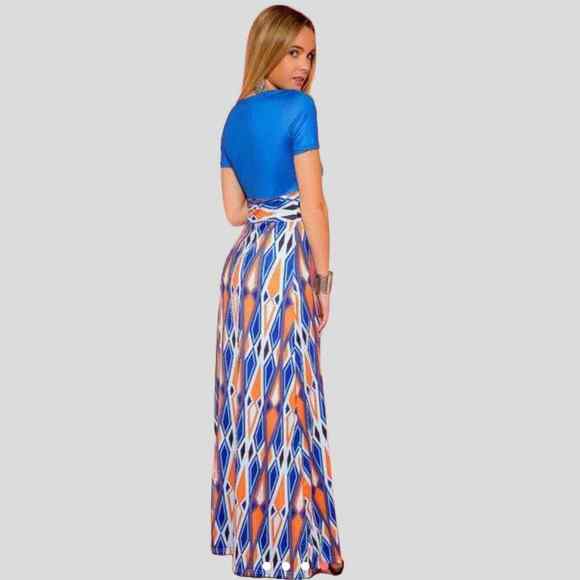 Chic Me Royal Blue & Orange Tribal Print Maxi/Long Dress Size Medium NWT - Picture 2 of 7